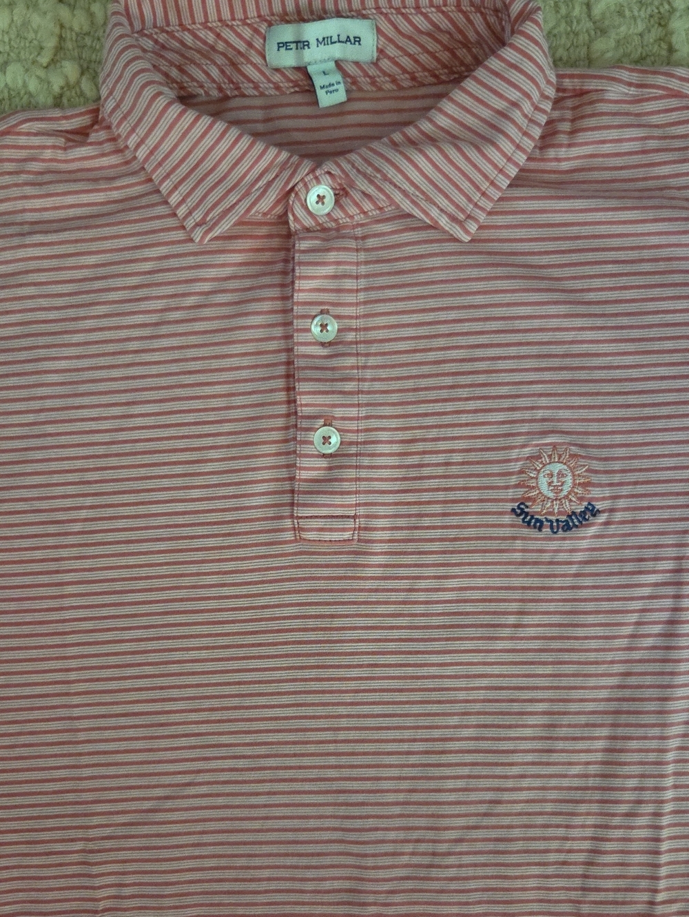 Peter Millar Sun Valley Resort Pink & White Striped Golf Polo - Men's Large